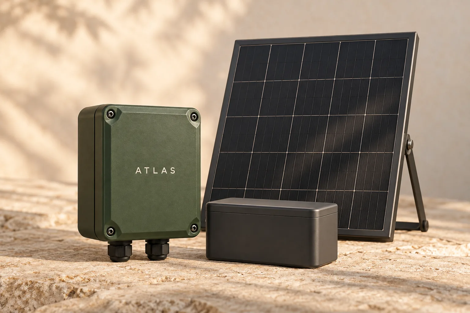 Atlas controller, solar panel and battery, generated package concept