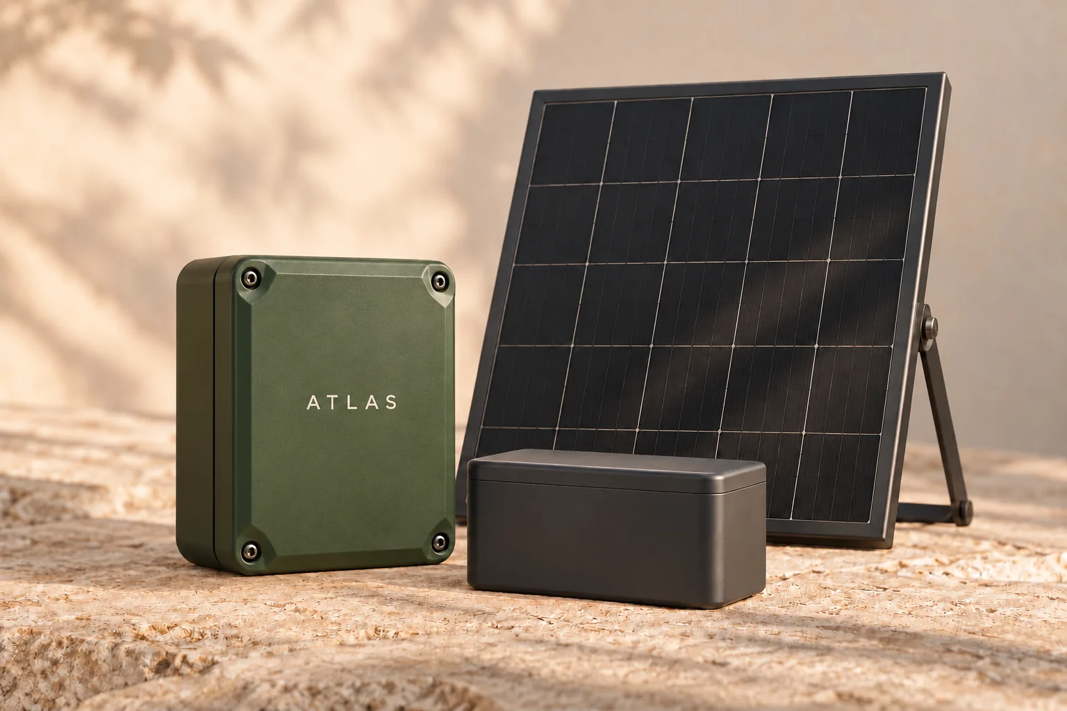 Atlas Waypoint concept beside a solar panel and battery, with a clean lower enclosure and no feeder cable fittings